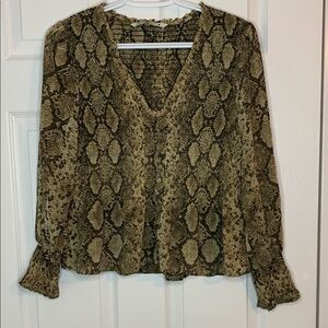 Zara Snakeskin Print Smocked Puff Statement Sleeve Blouse Brown Tan Size Medium